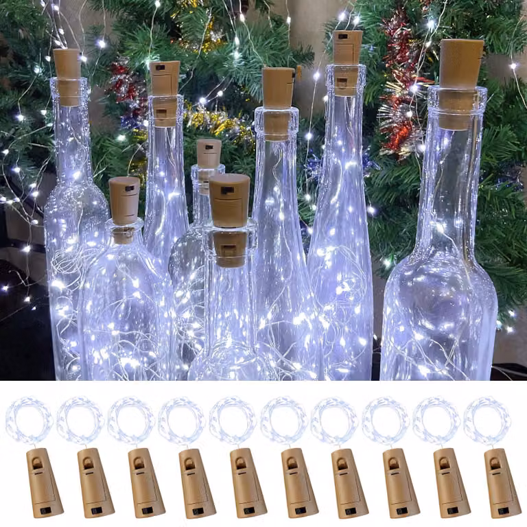 Set di 10 luci a LED per bottiglie, lunghezza 2 metri, 20 LED, luce bianca fredda, con tappi