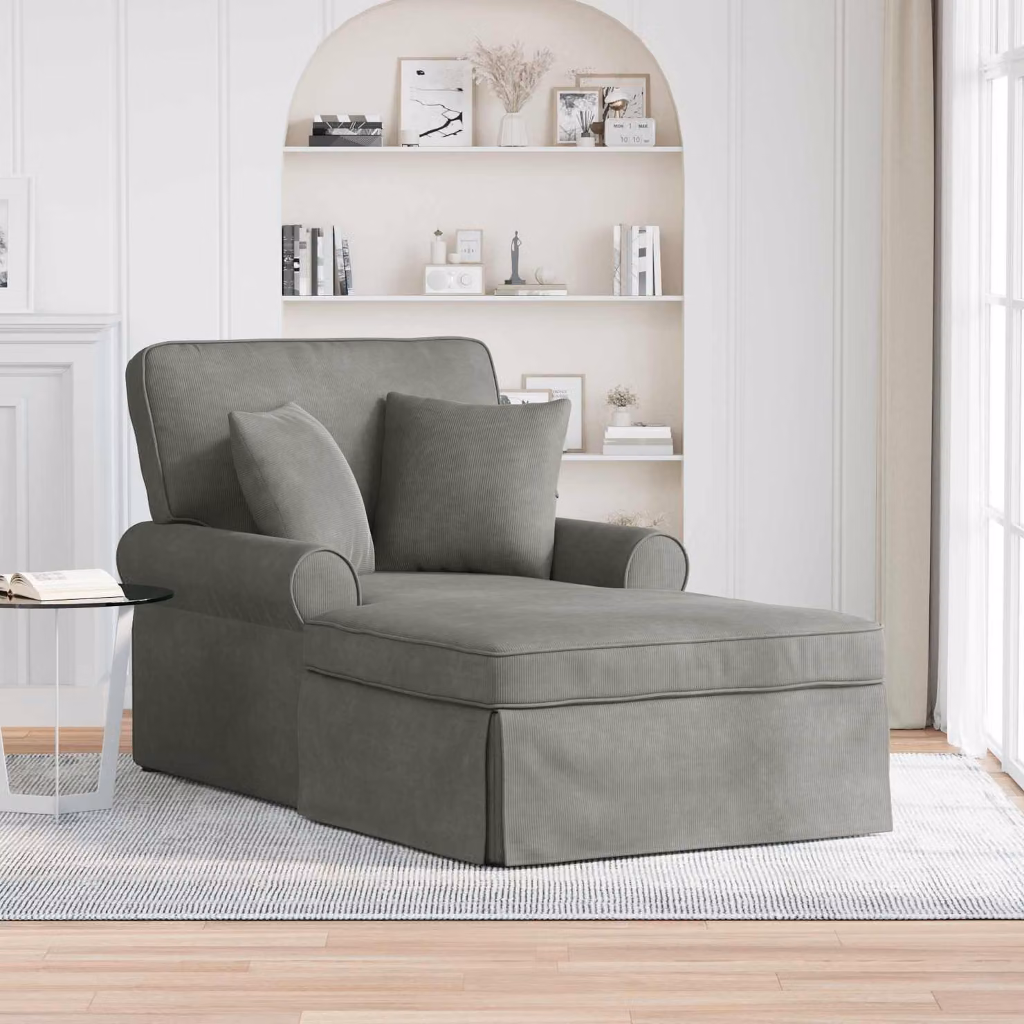 vidaXL Chaise Longe Moderna a L con Gonna in 3 Pezzi, Grigio Chiaro, Tessuto Cord e Imbottitura in Schiuma – 1