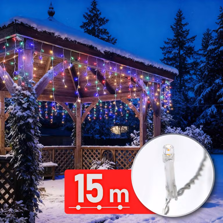 Fiaccole LED Luci di Natale - 15 m di cortina luminosa con 600 LED - multicolore - 8 livelli di luce con timer e funzione di memoria - cavo trasparente - per uso interno ed esterno - 220-240 V - 6 W [59770]