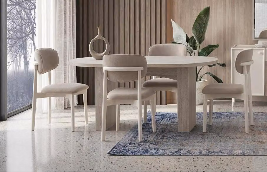 Set da pranzo beige, con tavolo da pranzo lussuoso e 4 robuste sedie imbottite