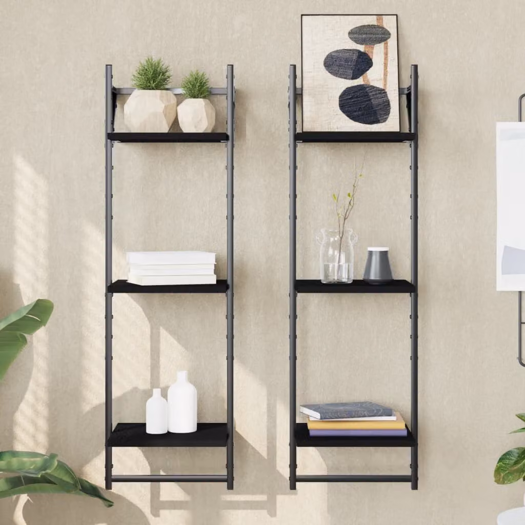 Set di 2 mensole a muro vidaXL con aste a 3 livelli in metallo e legno, colore nero, H 100 x L 30 x P 25 cm