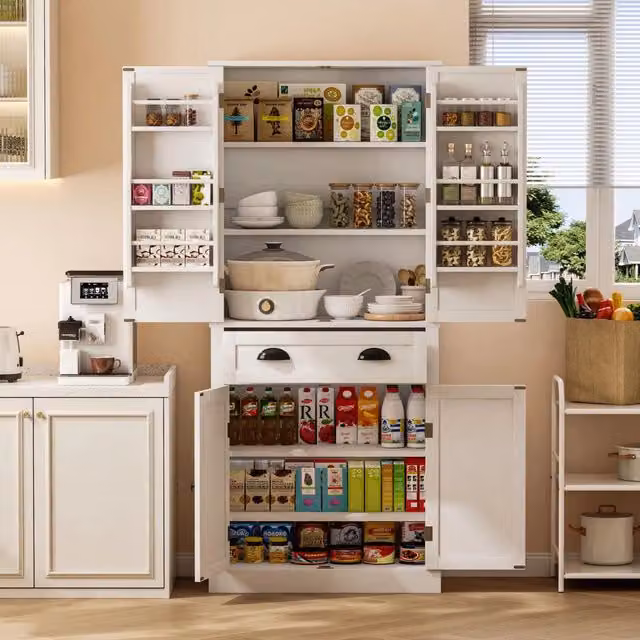 Credenza da cucina alta con ripiani, 4 ante, 1 cassetto e 4 ripiani regolabili, bianca in MDF, 80 × 40 × 182 cm