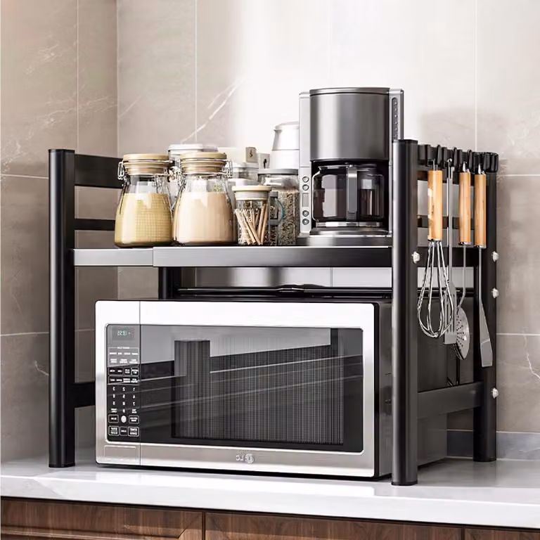 Ripiano estraibile per microonde con 6 ganci, ideale per l'organizzazione della cucina
