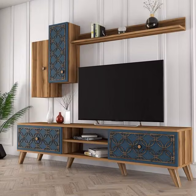 Parete Attrezzata Modulabile DMORA per Soggiorno, Design Moderno con Lowboard e Scaffali, Marrone e Blu – 1