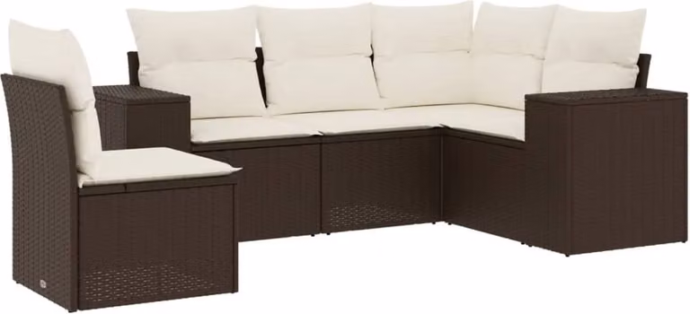 Set Divano da Giardino 5 pz con Cuscini Marrone in Polyrattan
