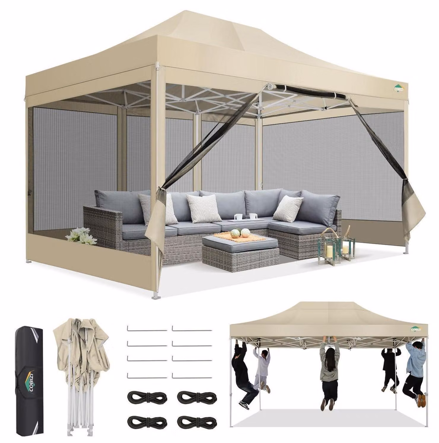 Gazebo da esterno 3x4,5 metri con zanzariera, impermeabile, protezione UV 50+, regolabile in altezza, con 4 pareti laterali, realizzato in tessuto Oxford 420D, colore kaki