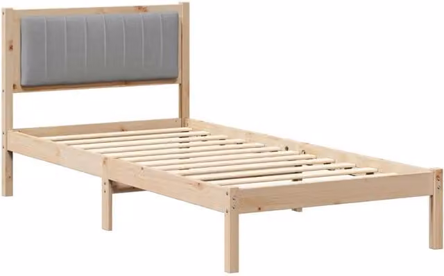 Letto singolo moderno con testiera rivestita in tessuto grigio e struttura in legno di pino, L/P/H: 90 x 190 x 85,5 cm