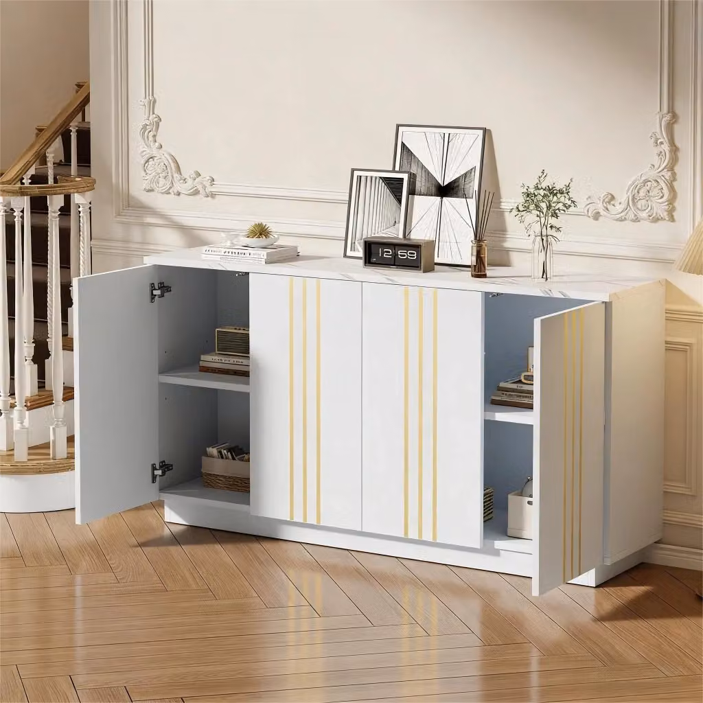 Madia moderna MIVRAY con 4 ante e divisori regolabili, finitura bianca opaca con linee dorate per soggiorno o ingresso, L 140 x P 35 x H 70 cm – 2