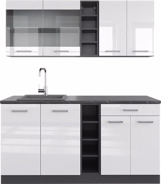 Cucina completa R-Line Bianco lucido/Antracite 160 cm senza piano di lavoro Vicco