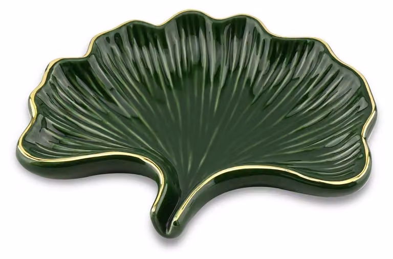 Portasapone in Vetroceramica con scarico, motivo foglia di Ginkgo, colore verde