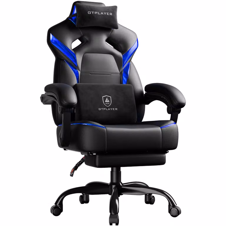 GTPLAYER Sedia da gaming, poltrona da gaming, sedia da gaming con poggiapiedi, cuscino lombare, poggiatesta, regolabile in altezza, braccioli regolabili con poggiapiedi, blu