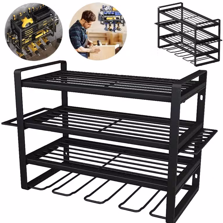 Porta utensili da parete - Scaffale per utensili elettrici - 4 ripiani in metallo, portatile per trapani - 40x20x31 cm, capacità di carico 50 kg - Ideale per garage e officine - Colore nero
