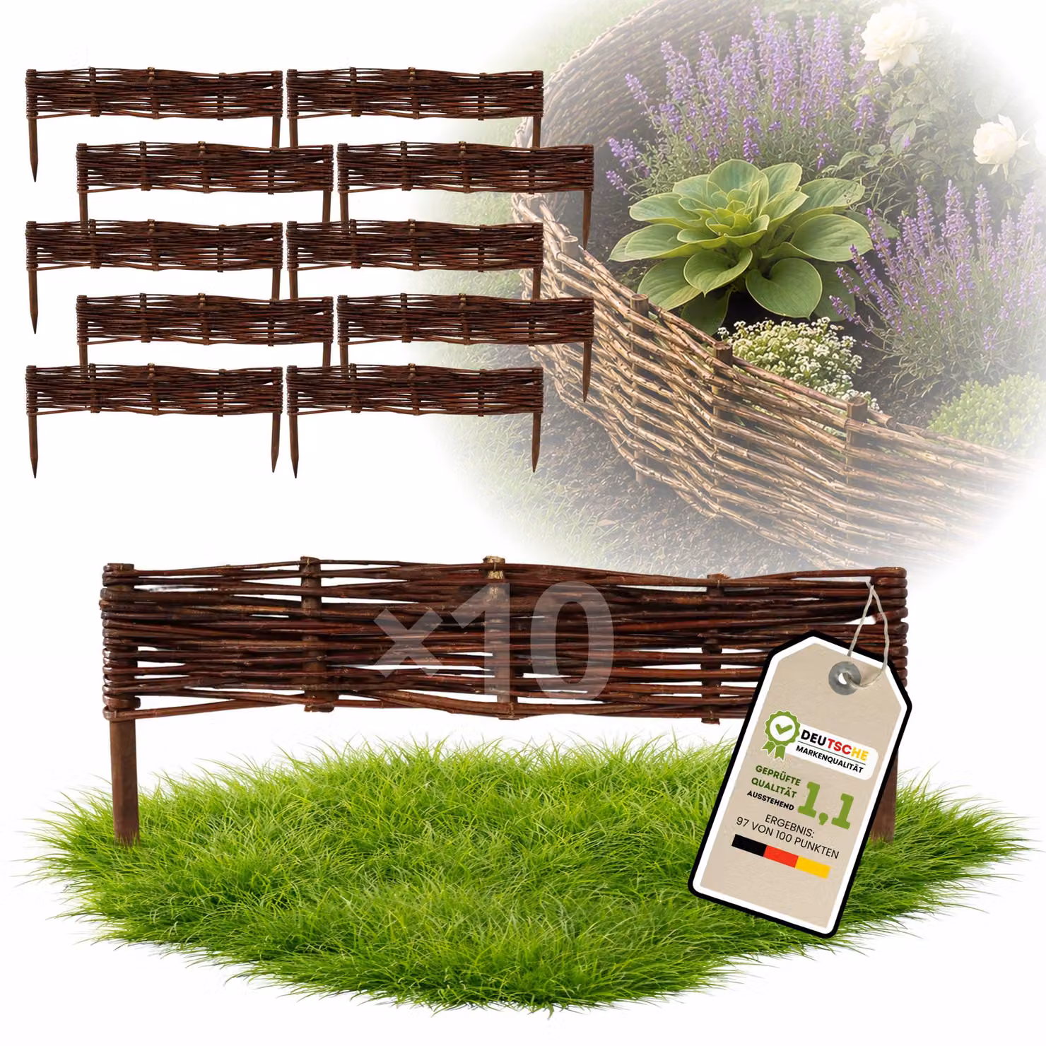 Floranica 10 pezzi Recinzione in vimini 10 cm x 60 cm – Staccionata da giardino intrecciata Palizzata Recinzione naturale Bordo aiuola