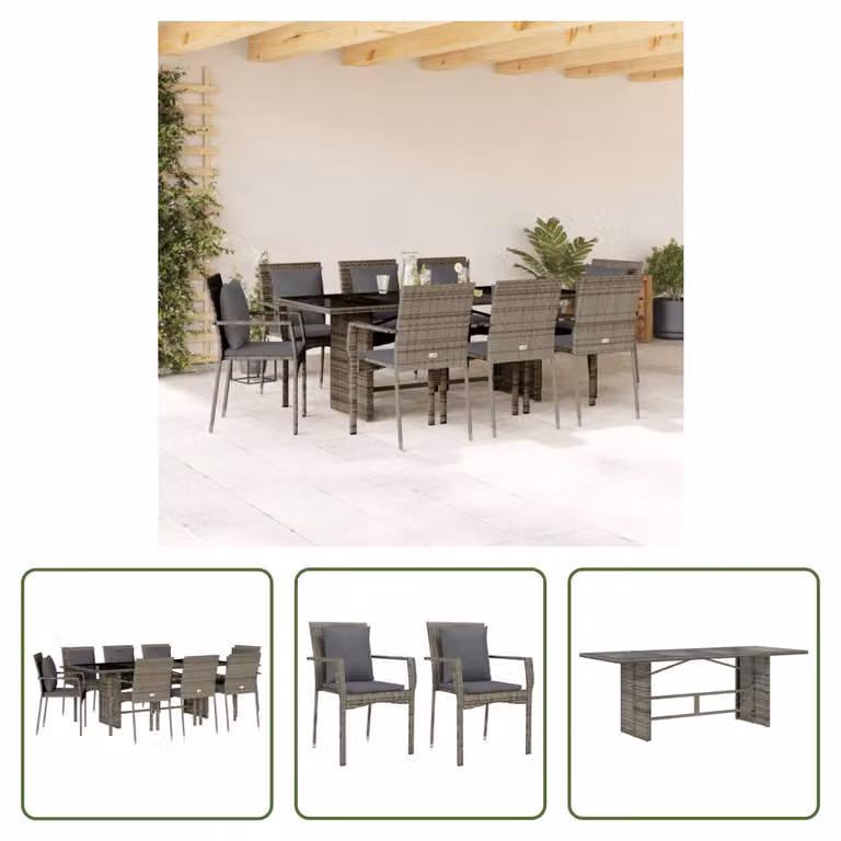 The Living Store Set da pranzo da giardino 9 pezzi con cuscini in poly rattan grigio