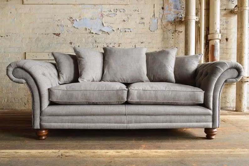 XXL Sofa 3 Sitzer Couch Chesterfield Polster Sitz Garnitur Leder Hellgrau