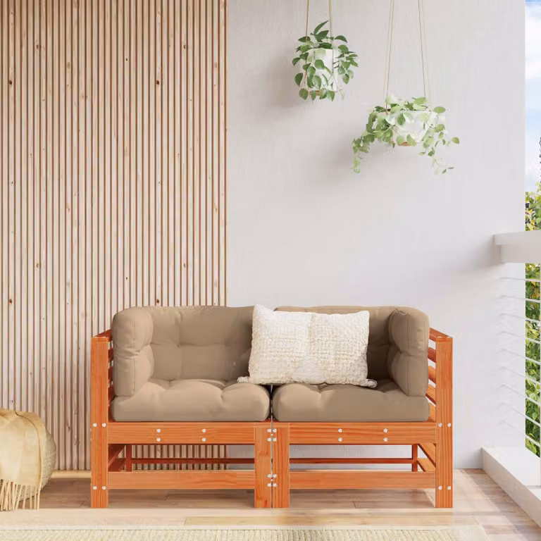 vidaXL Divano Angolare da Giardino in Legno di Pino Trattato con Cuscini Beige e Marrone