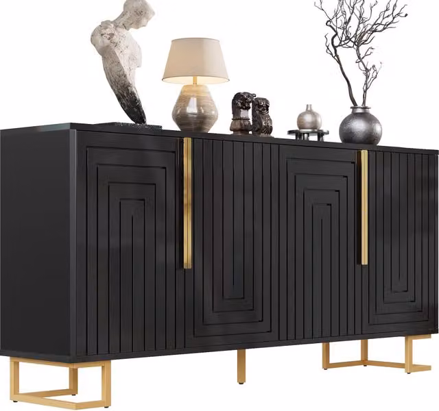 Credenza e madia moderna in MDF nero e dettagli oro per soggiorno e sala da pranzo, con 2 ante e 4 vani, L: 75 cm, P: 40 cm, H: 40 cm – 1