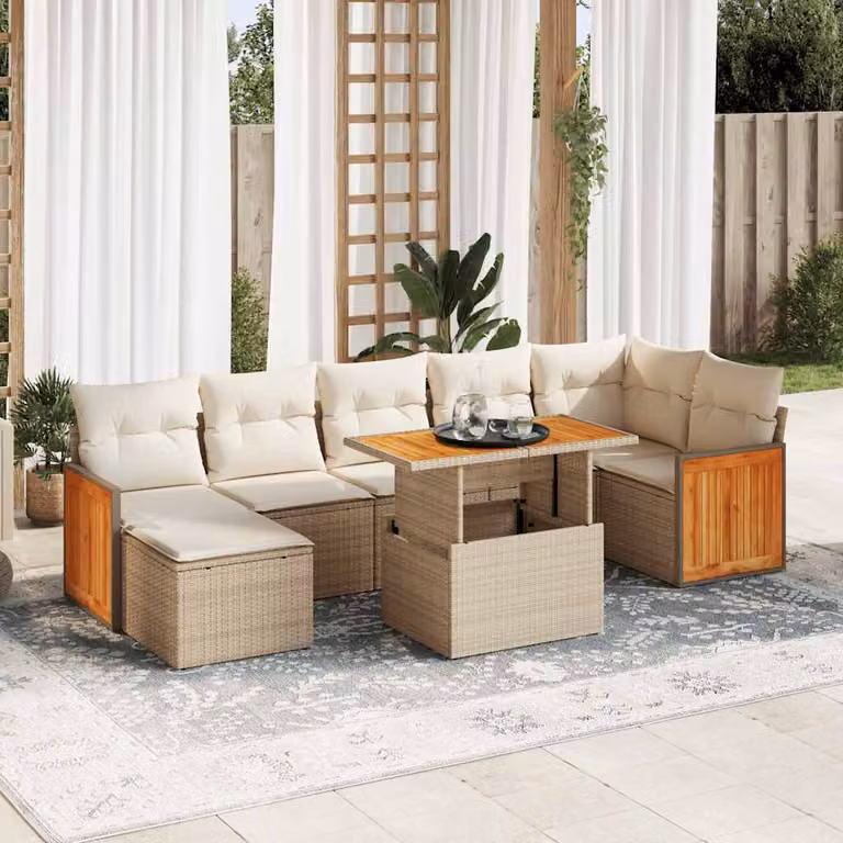 vidaXL Set Divano da Giardino 8 pz in Polyrattan e Legno di Acacia con Cuscini Beige e Bianchi