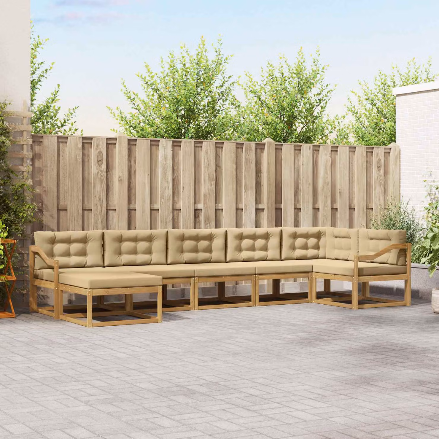 Set di divani da giardino vidaXL a forma di L composto da 7 pezzi in legno di acacia con cuscini in tessuto bianco, beige e marrone