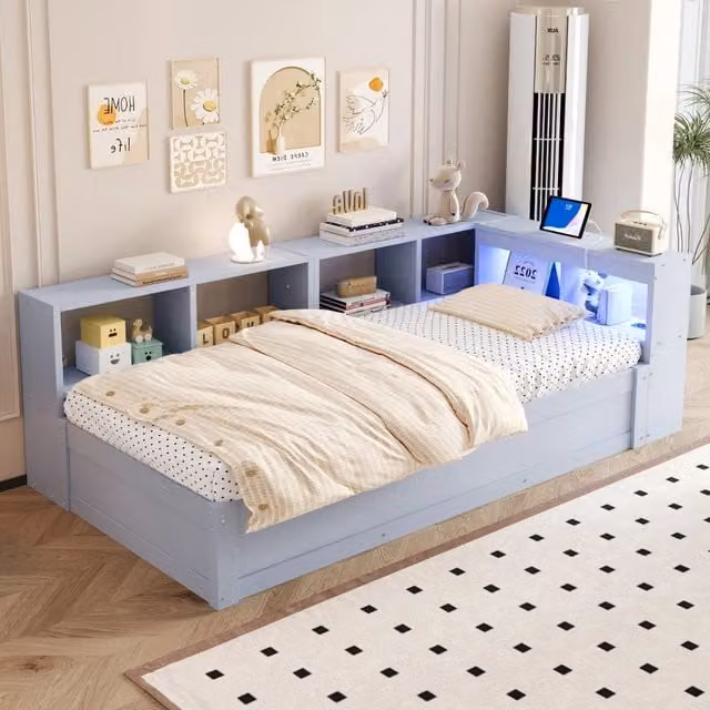 Divano letto 90x200 cm singolo con contenitore idraulico in legno massello grigio; luci led multicolore e presa elettrica integrata