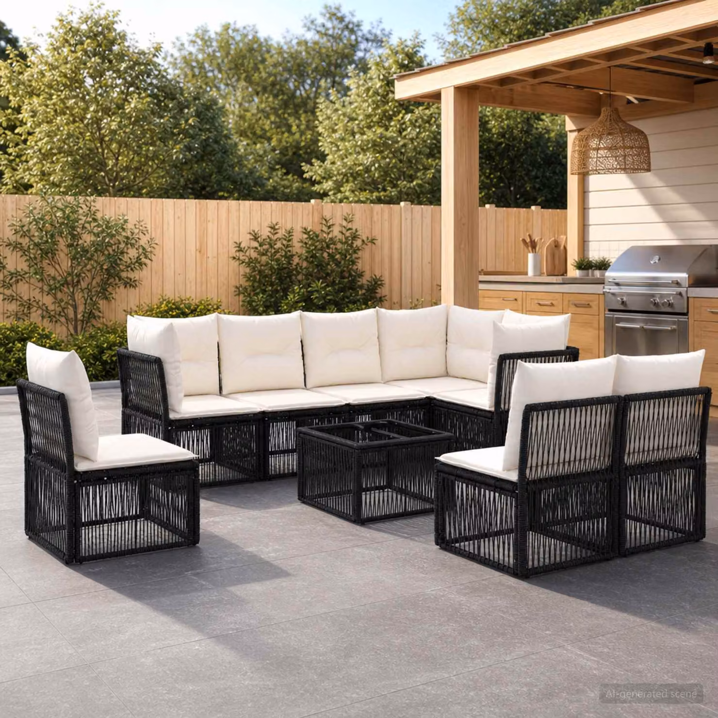 Set Divano da Giardino a L vidaXL 9 pz Nero con Tavolino e Cuscini Imbottiti in Polyrattan e Acciaio
