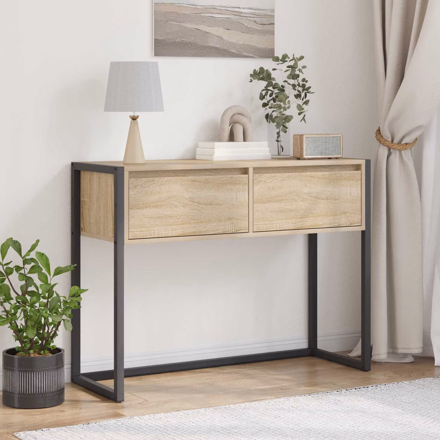 Tavolino da soggiorno vidaXL in legno e metallo, colore marrone e beige, L 100 x P 36 x H 75 cm