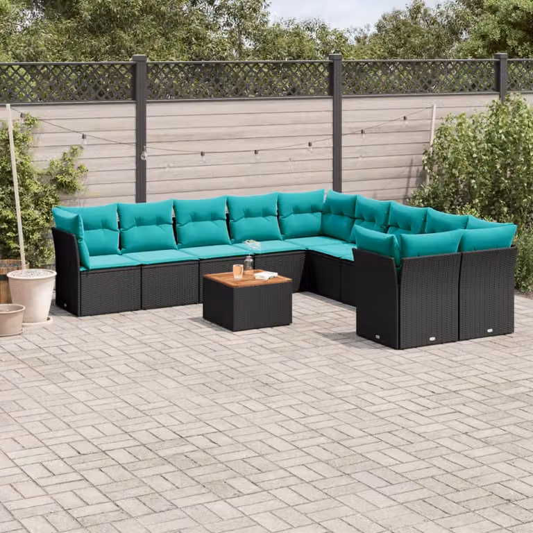 Set di divani da giardino vidaXL a forma di L composto da 11 pezzi in polyrattan nero con cuscini blu e tavolino da esterno