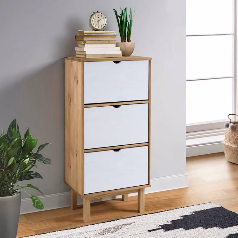 Scarpiera vidaXL OTTA in legno di pino con ante a ribalta e cassetti, Marrone e Bianco, L: 120 cm, H: 55 cm, P: 35 cm