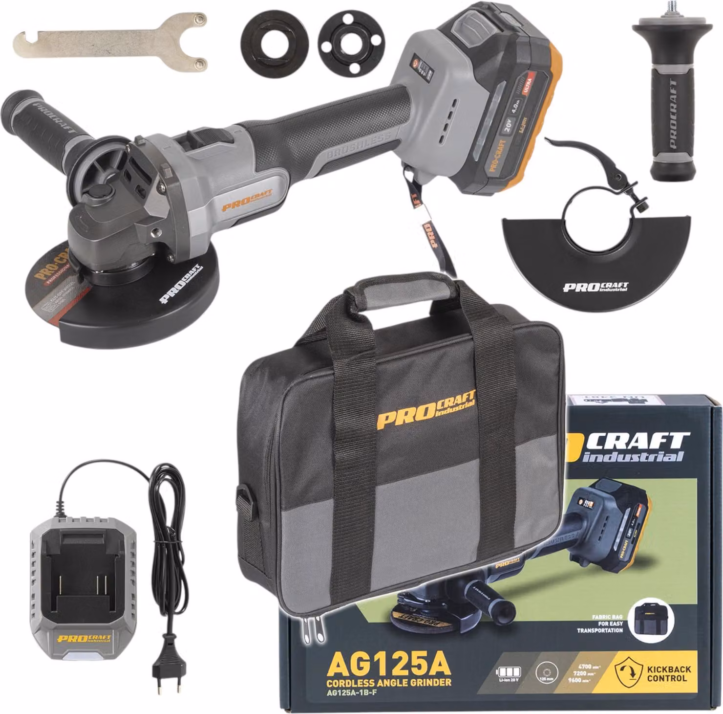 Procraft Industrial AG125A-1B-F Smerigliatrice angolare a batteria 20 V 125 mm Brushless + 1x batteria 4,0 Ah + caricabatterie + borsa