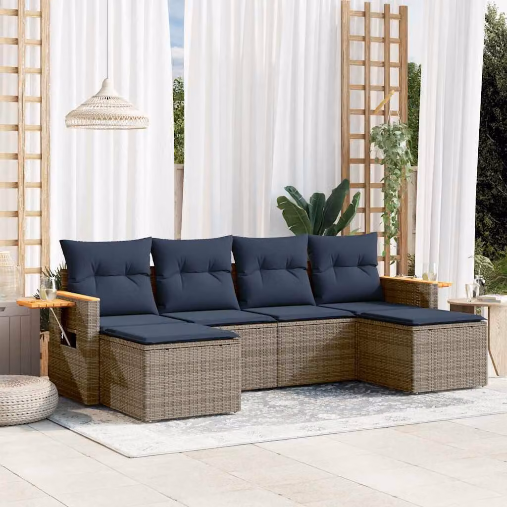 Set di divani da giardino vidaXL a forma di L composto da 6 pezzi in polyrattan con cuscini blu e grigi e tavolino da caffè – 1