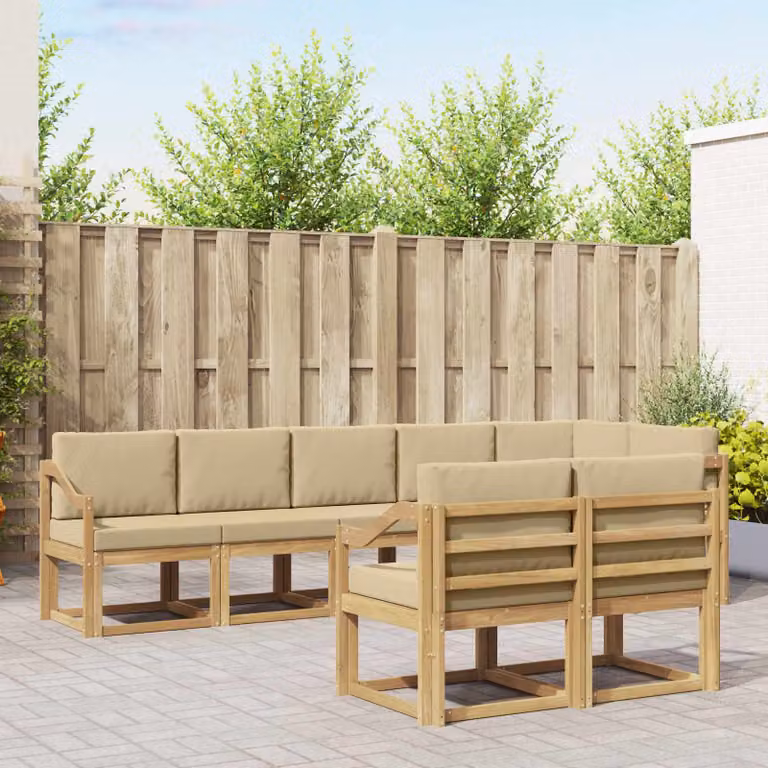 Set di divani da esterno vidaXL 8 pz a forma di L in legno di acacia con cuscini, Bianco, Beige e Marrone