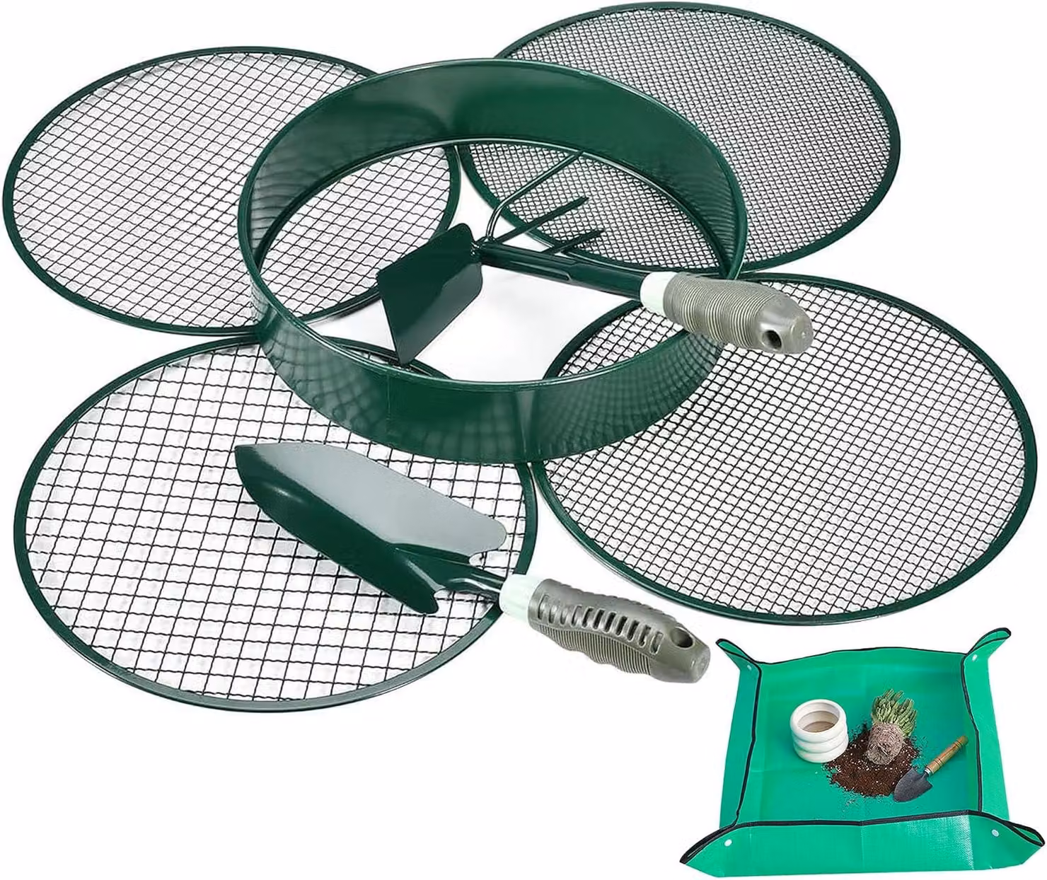 Setaccio da giardino 4 in 1, con 4 inserti di diverse dimensioni (12 mm / 9 mm / 6 mm / 3 mm), in acciaio inossidabile, completo di paletta e rastrello, ideale per l'uso in giardino