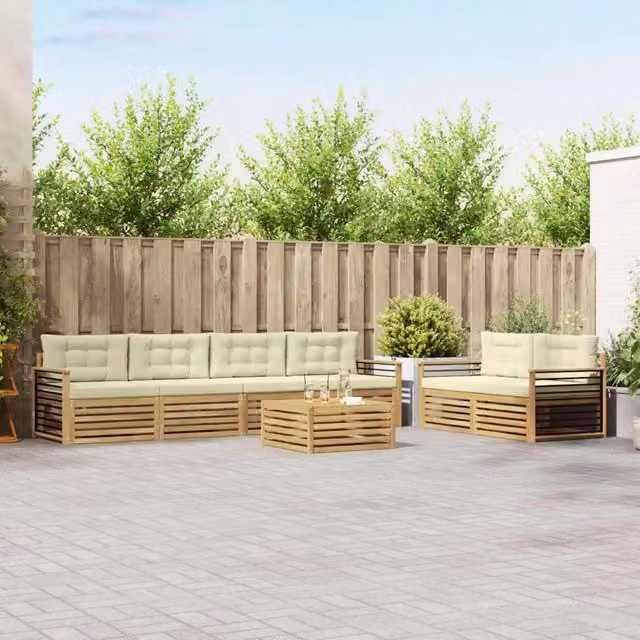 Set di divani da esterno vidaXL a forma di U composto da 7 pezzi con tavolino, in legno di acacia e tessuto bianco e beige – 1