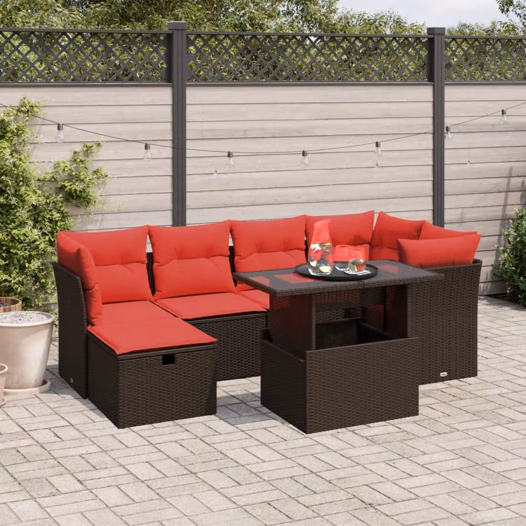 Set Divani da Giardino vidaXL 7 pz in Polyrattan Marrone con Cuscini e Tavolino