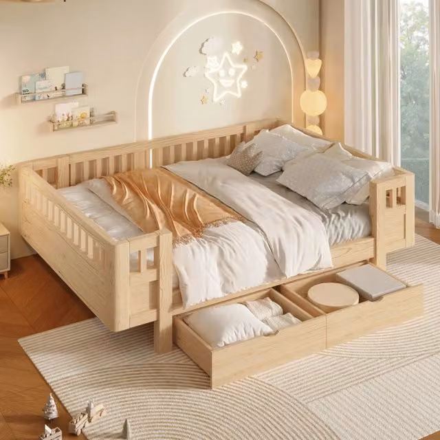 Letto per bambini 90x200 cm con sponde protettive alte; due cassetti e struttura in legno naturale
