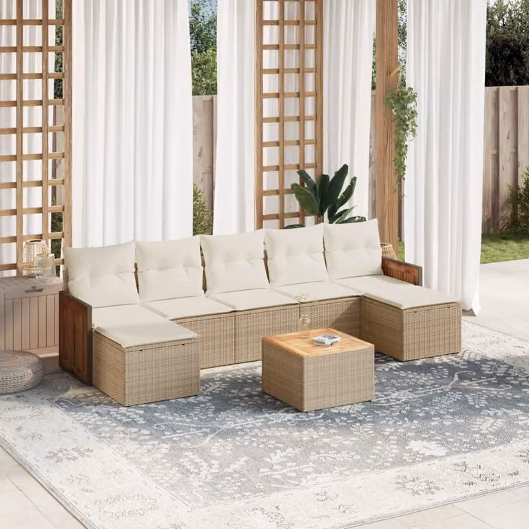 vidaXL Set Divano da Giardino 8 pz in Polyrattan con Cuscini Beige e Tavolino da Esterno