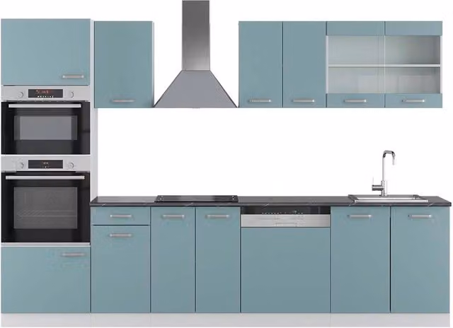 Cucina componibile moderna Vicco R-Line Grigio-blu/Bianco con armadio alto e piano antracite L: 300 cm