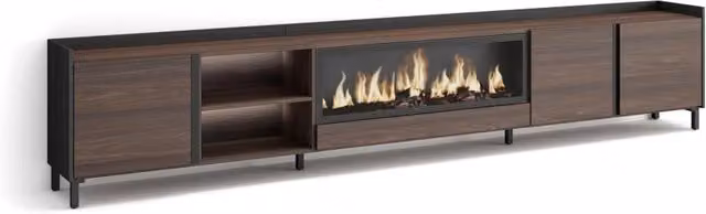 Mobile TV Soggiorno, 315x61x35 cm, Per TV fino a 80", Camino elettrico XXL, Design industriale, LED, Rovere scuro e Nero