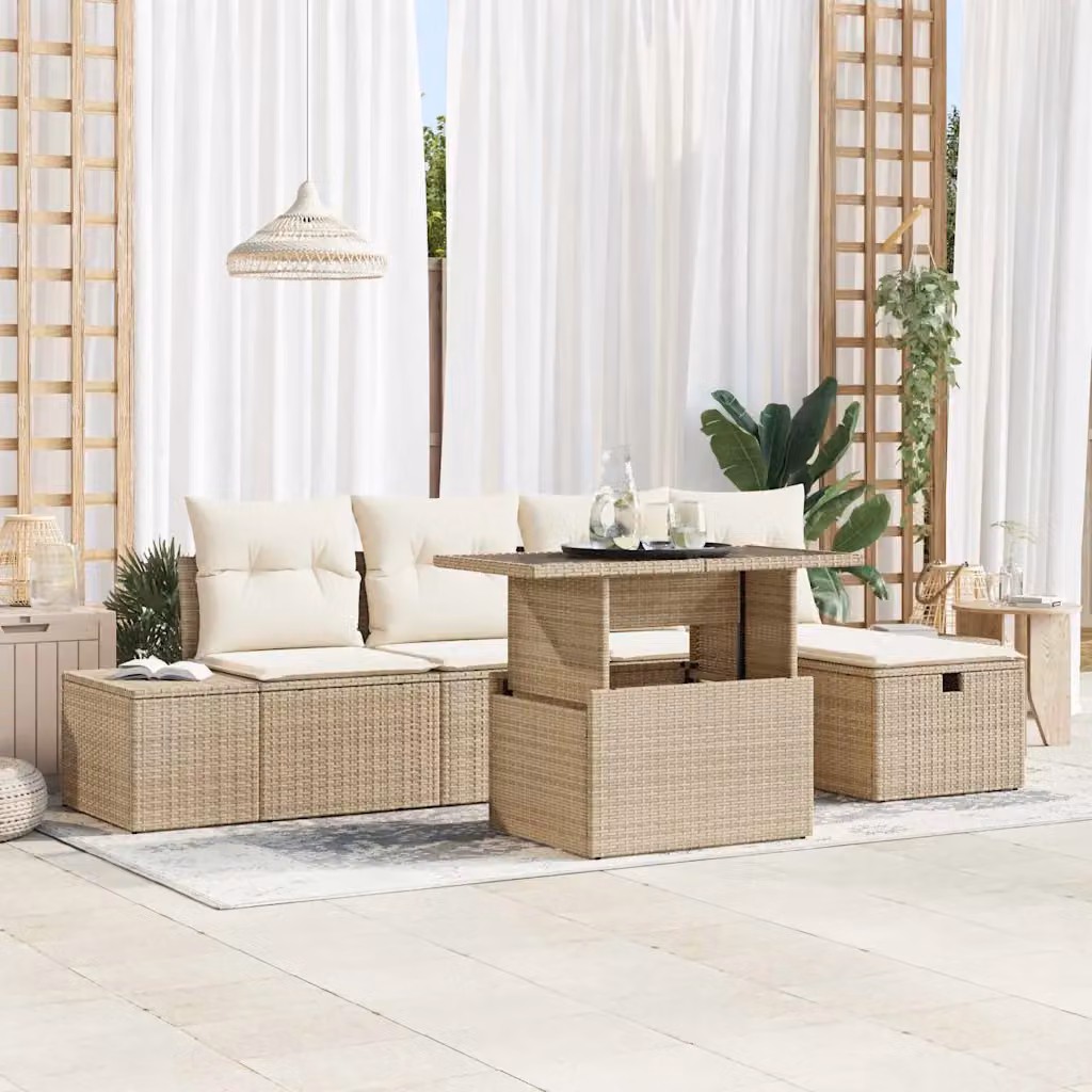Set Divano da Giardino vidaXL 6 pz a Forma a L in Poly Rattan con Cuscini e Tavolino, Beige
