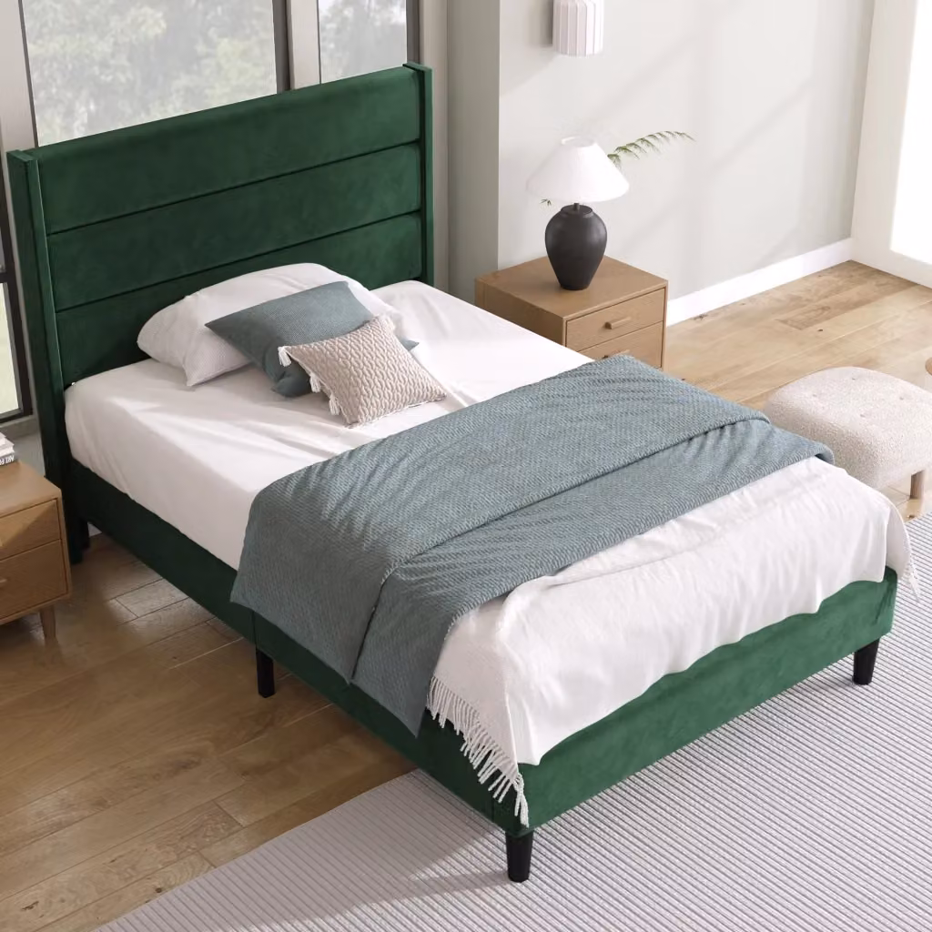 Letto Imbottito REDOM in Velluto Verde con Materasso Incluso L/P/H: 90 x 200 x 113 cm – 2