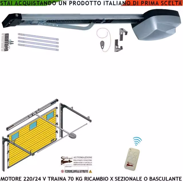 Kit Motore da Soffitto Securvera per Porta Sezionale Basculante fino a 70kg con Binario in Alluminio da 3 MT, Sistema Autoreverse, Sblocco Pattino di Traino e Luce di Cortesia, Colore Grigio/Argento