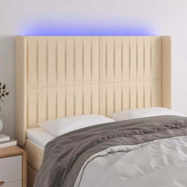 Testiera con LED Design Mania in tessuto beige con porta USB e luce integrata L: 147 cm, P: 16 cm, H: 118-128 cm