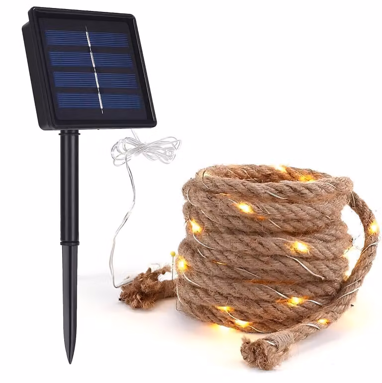 Catena luminosa solare con corda di canapa, 10 metri, 200 LED, stile vintage