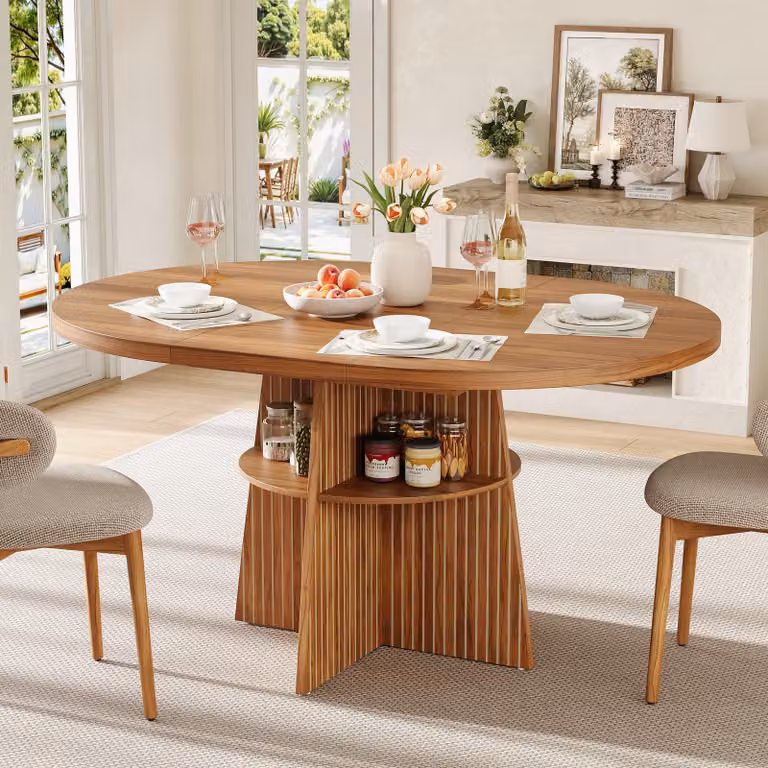 Tavolo allungabile rotondo, con piano allungabile, superficie di appoggio integrata, tavolo da cucina per 2-8 persone, tavolo da pranzo, finitura effetto noce