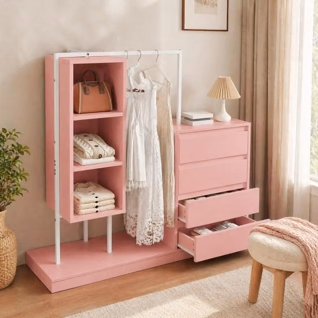 Armadio ULEVR 100x40x135 cm con 4 cassetti, 3 ripiani aperti e barra appendiabiti, bianco e rosa