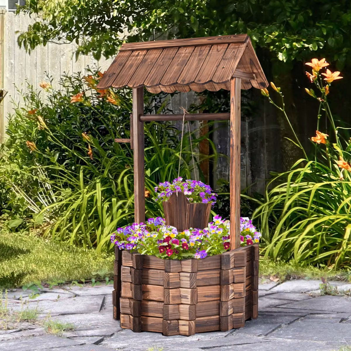 Pozzo decorativo in legno marrone Costway per piante e fiori da giardino