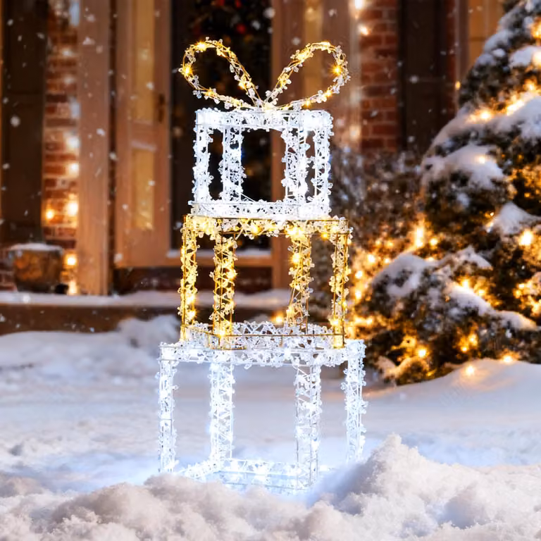 COSTWAY 90cm grandi scatole regalo a LED, 3 scatole impilabili per decorazioni natalizie con 80 luci bianche calde e 120 bianche fredde, decorazioni natalizie illuminate