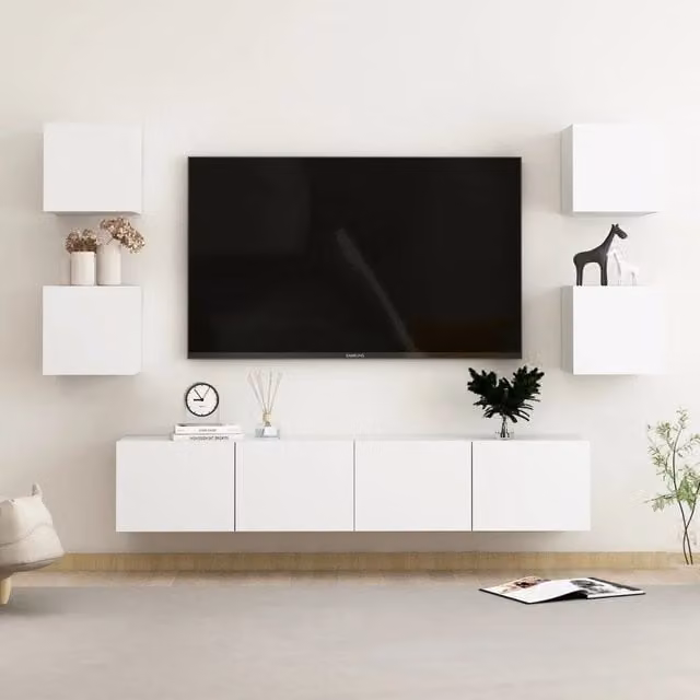 Set di mobili porta TV moderno vidaXL in legno bianco opaco, 6 pezzi da appendere alla parete – 1