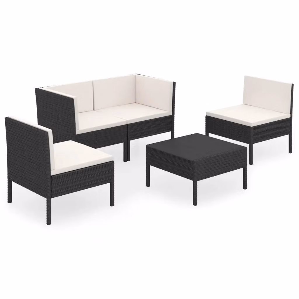 Set di divani da giardino a L con 5 pezzi vidaXL, struttura in metallo nero e cuscini bianchi con coperture rimovibili – 2