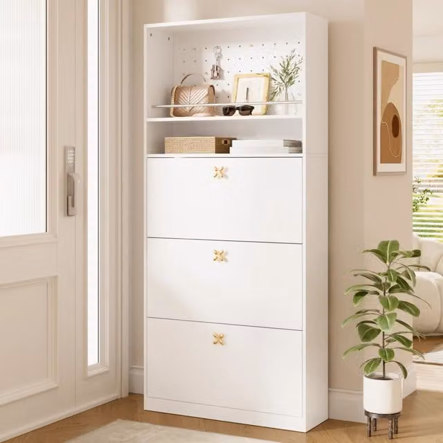 Scarpiera moderna bianca con 3 ante a ribalta e ripiano aperto in MDF L: 80 cm, P: 24 cm, H: 178,5 cm